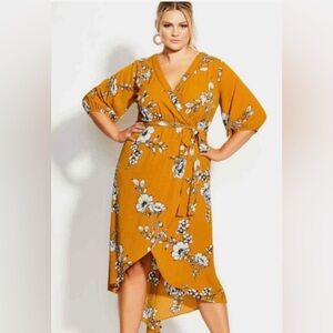 City Chic Mustard Serene Floral Wrap Front High Low Dress
